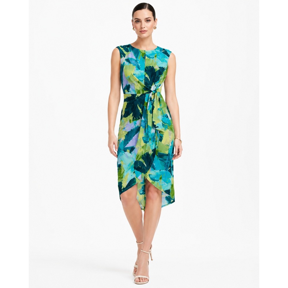 Maggy London Crimsen Cap Sleeve‎ Tulip Hem Dress Blue Green Tropical Print 6 NWT